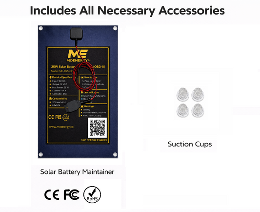 25W Vehicle Solar Battery Maintainer Kit (OBD II + Suction Mount)