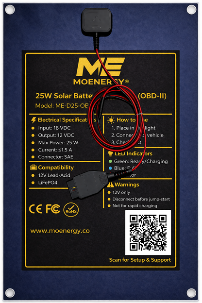 25W Vehicle Solar Battery Maintainer Kit (OBD II + Suction Mount)