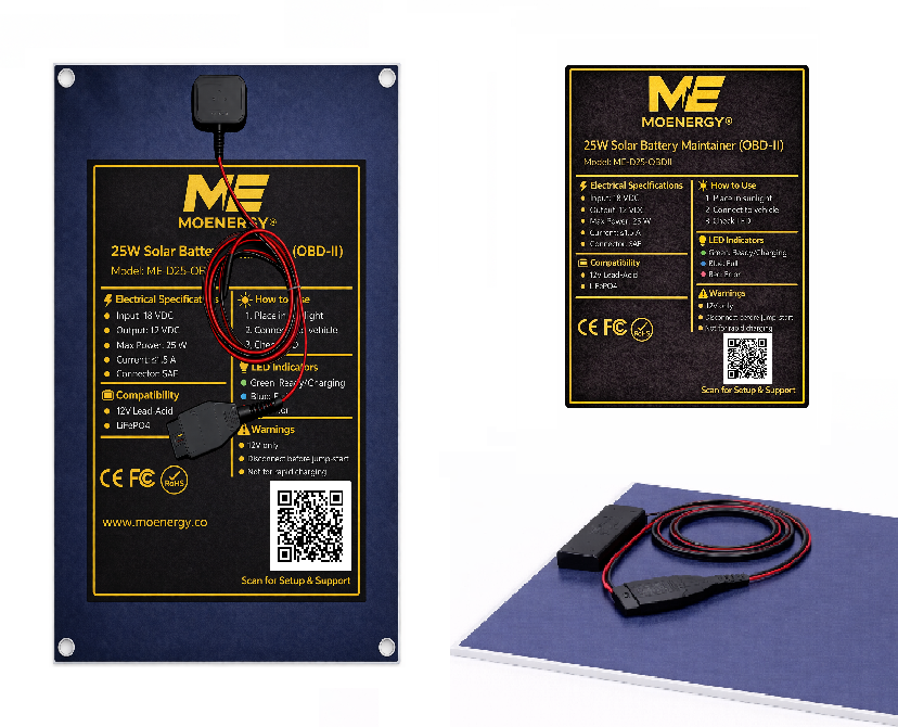 25W Vehicle Solar Battery Maintainer Kit (OBD II + Suction Mount)