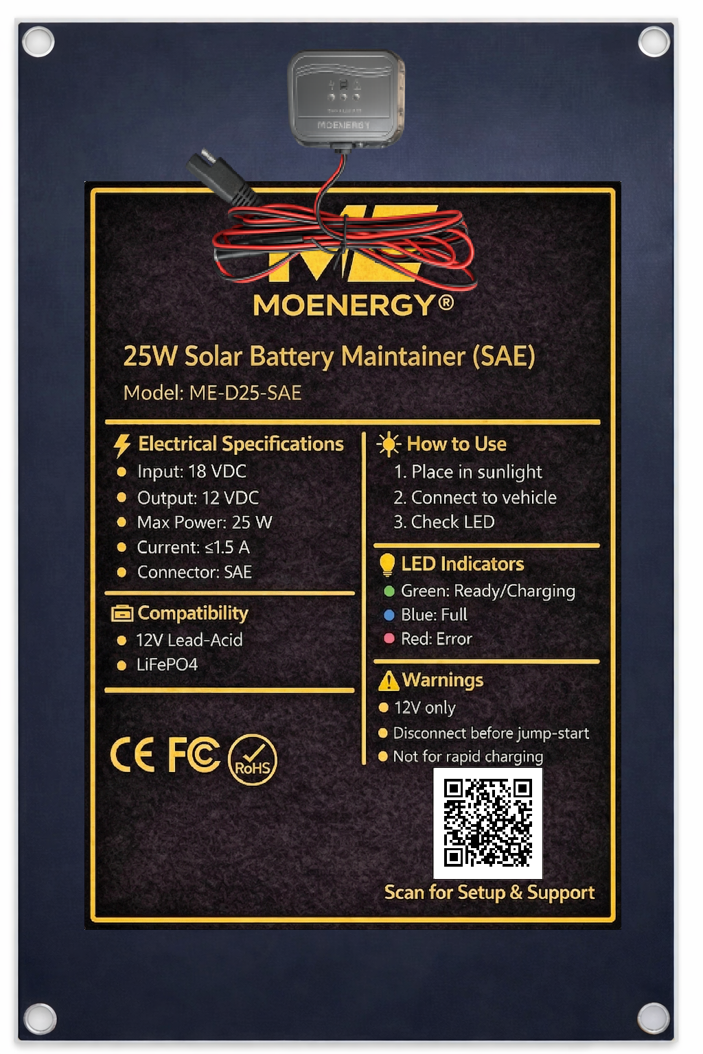 25W Solar Battery Maintainer with SAE Output — PWM Controlled