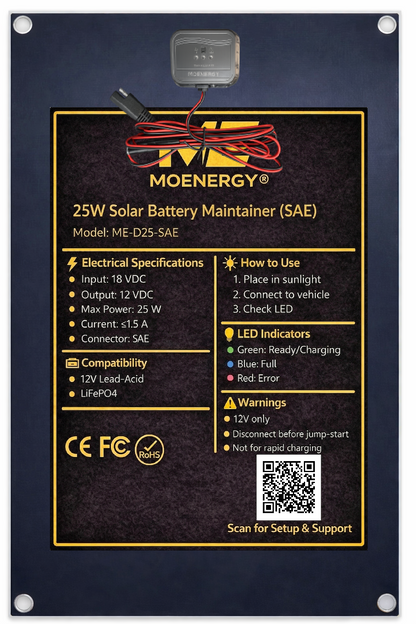 25W Solar Battery Maintainer with SAE Output — PWM Controlled