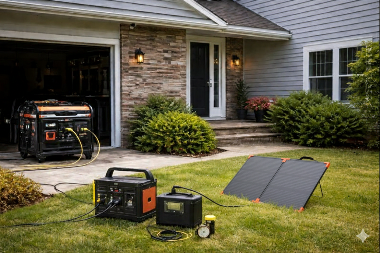 Solar panel charging a portable power station for essential devices during outages